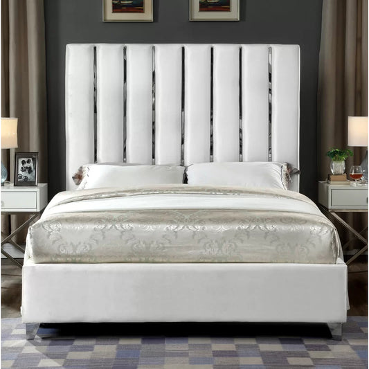 Dora Chrome Panel upholstered frame bed with ottoman and mattress options