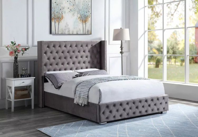 Lizzie Chesterfield studded wingback frame bed with ottoman and mattress options