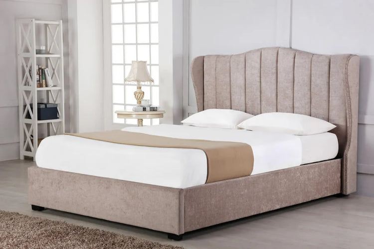 Kiara Panel Wingback frame bed with ottoman and mattress options